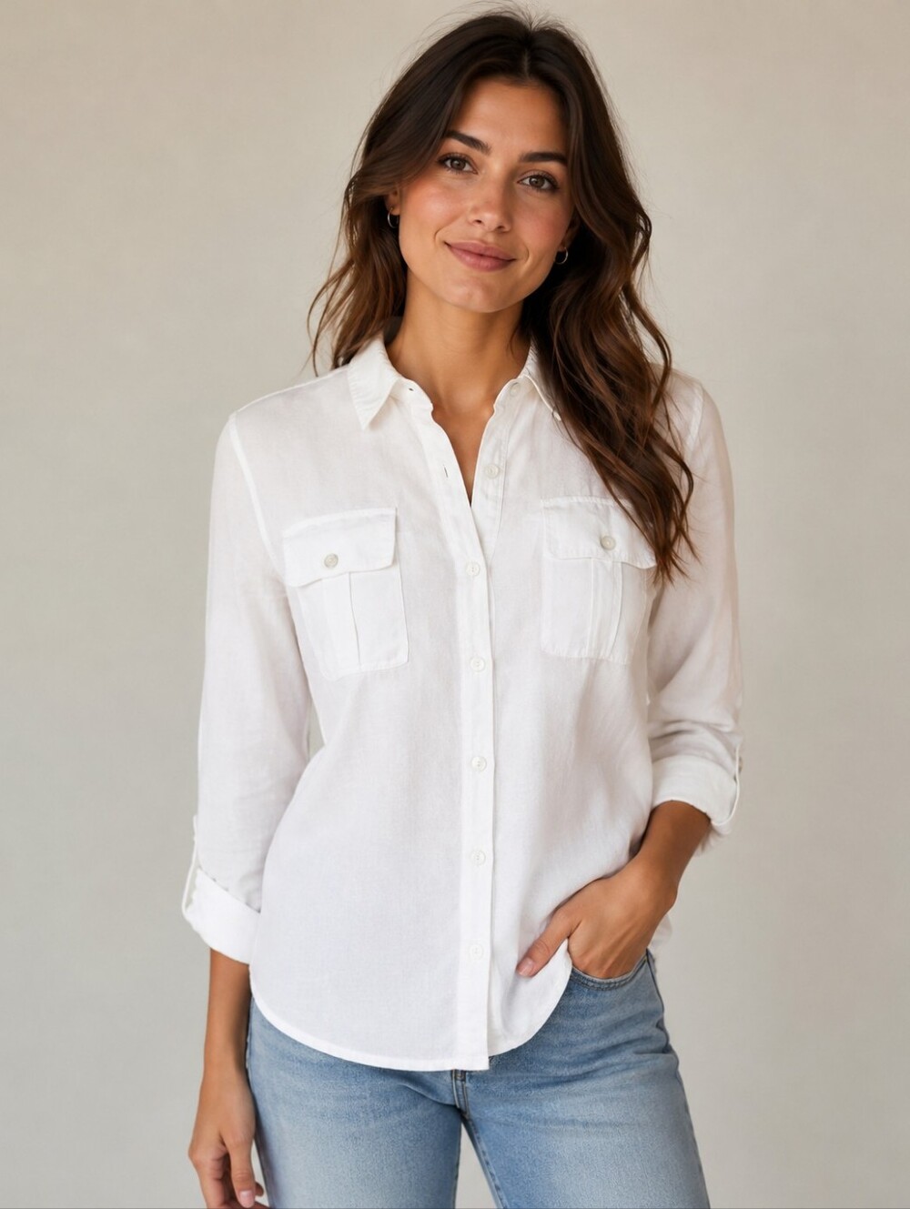 Chaus White Cotton Linen Button Down Shirt. Size S